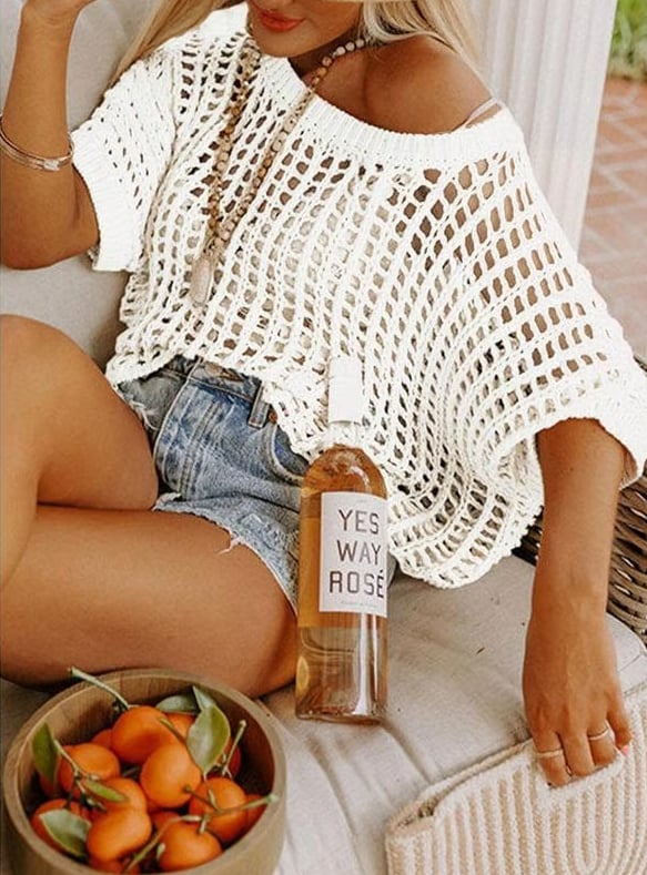 aldorian™-🎁 Womens Summer Scoop Neck Short Sleeve Sweater Casual Crochet Hollow Out Knit Tops Pullover Shirts Beach Coverup