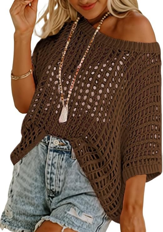 aldorian™-🎁 Womens Summer Scoop Neck Short Sleeve Sweater Casual Crochet Hollow Out Knit Tops Pullover Shirts Beach Coverup