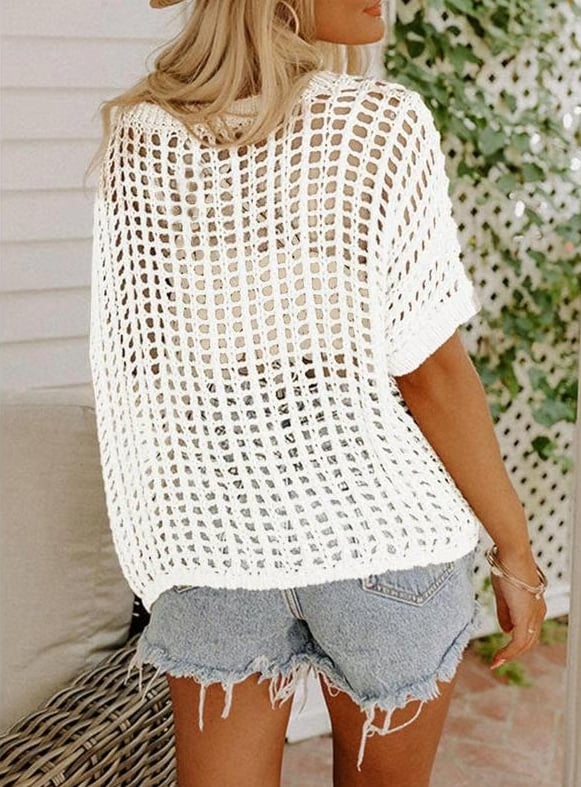 aldorian™-🎁 Womens Summer Scoop Neck Short Sleeve Sweater Casual Crochet Hollow Out Knit Tops Pullover Shirts Beach Coverup