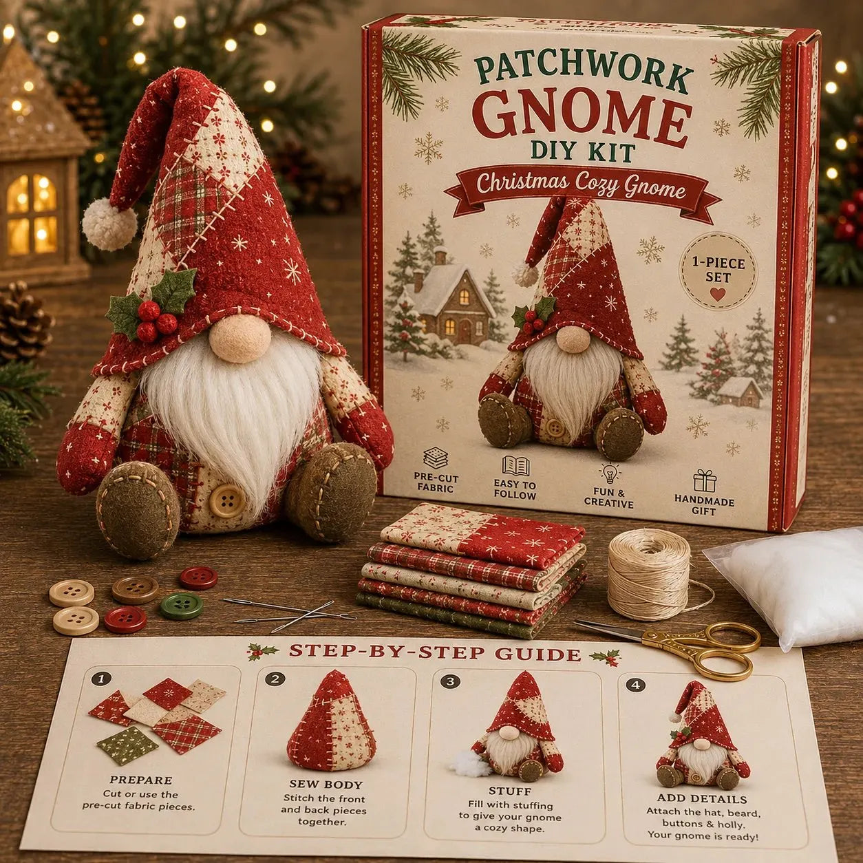 🧵🥇Patchwork-Style Gnome DIY Kit – Create Your Own Adorable Animals