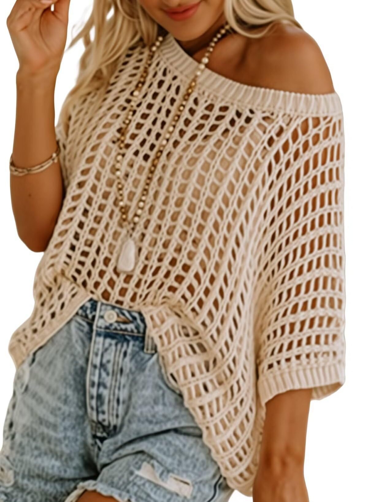 aldorian™-🎁 Womens Summer Scoop Neck Short Sleeve Sweater Casual Crochet Hollow Out Knit Tops Pullover Shirts Beach Coverup