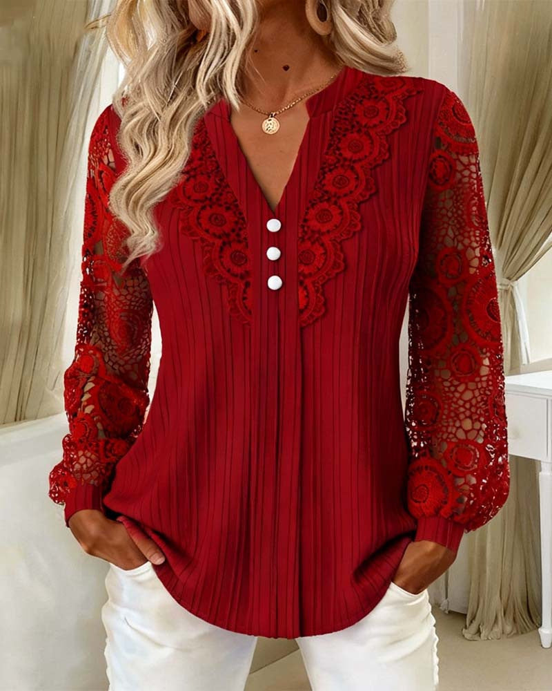 New solid color V-neck lace women's shirt