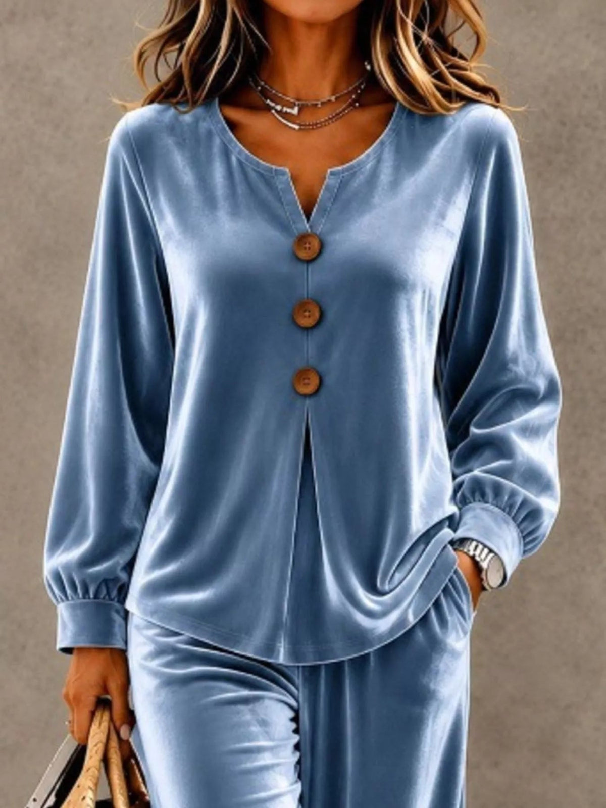 Women's Velvet V-Neck Button-Front Top and Wide-Leg Trousers