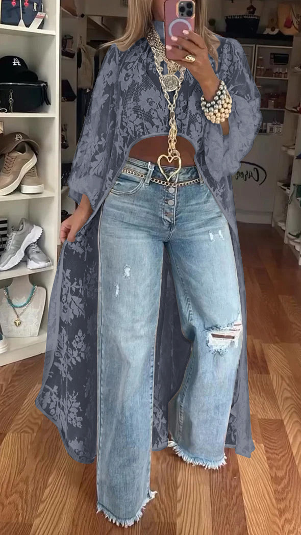 Women's Round Neck Lace Short Front Long Back Casual Tops