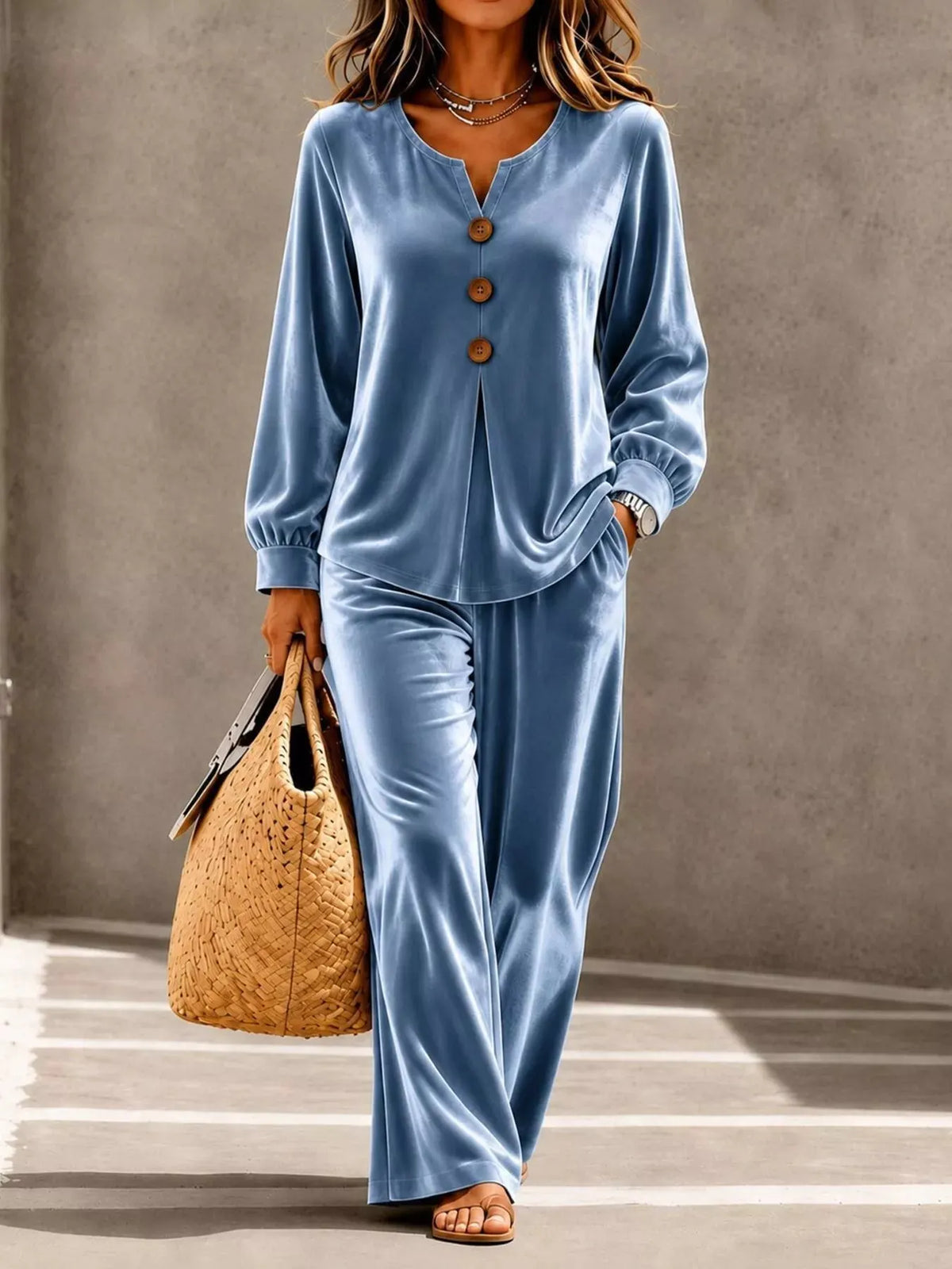 Women's Velvet V-Neck Button-Front Top and Wide-Leg Trousers