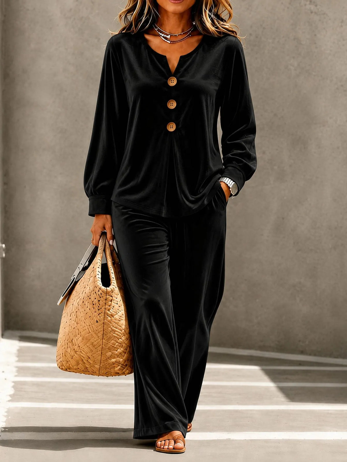 Women's Velvet V-Neck Button-Front Top and Wide-Leg Trousers