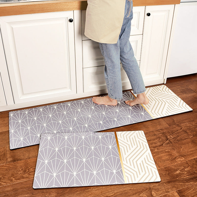 Grey and Golden Line Art PVC Leather Kitchen Mat