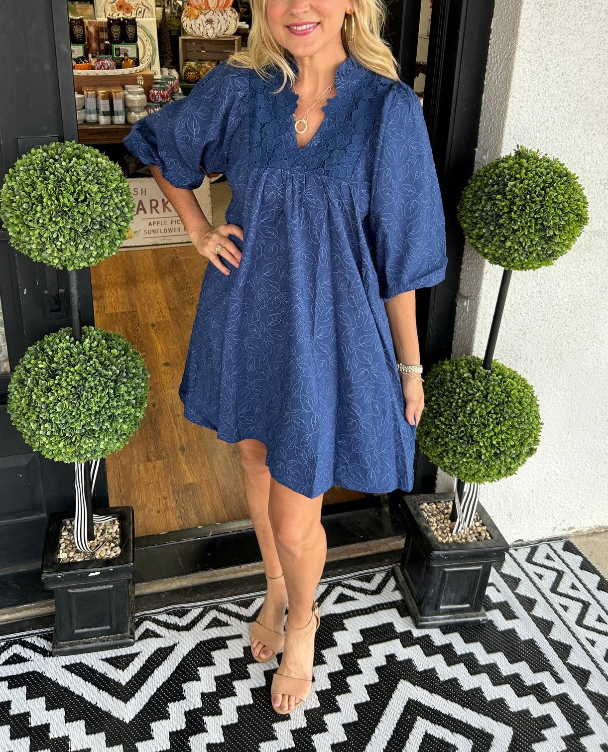 aldorian™-Women's Puff Sleeve Leaf Jacquard Mini Dress (Buy 2 Free Shipping)