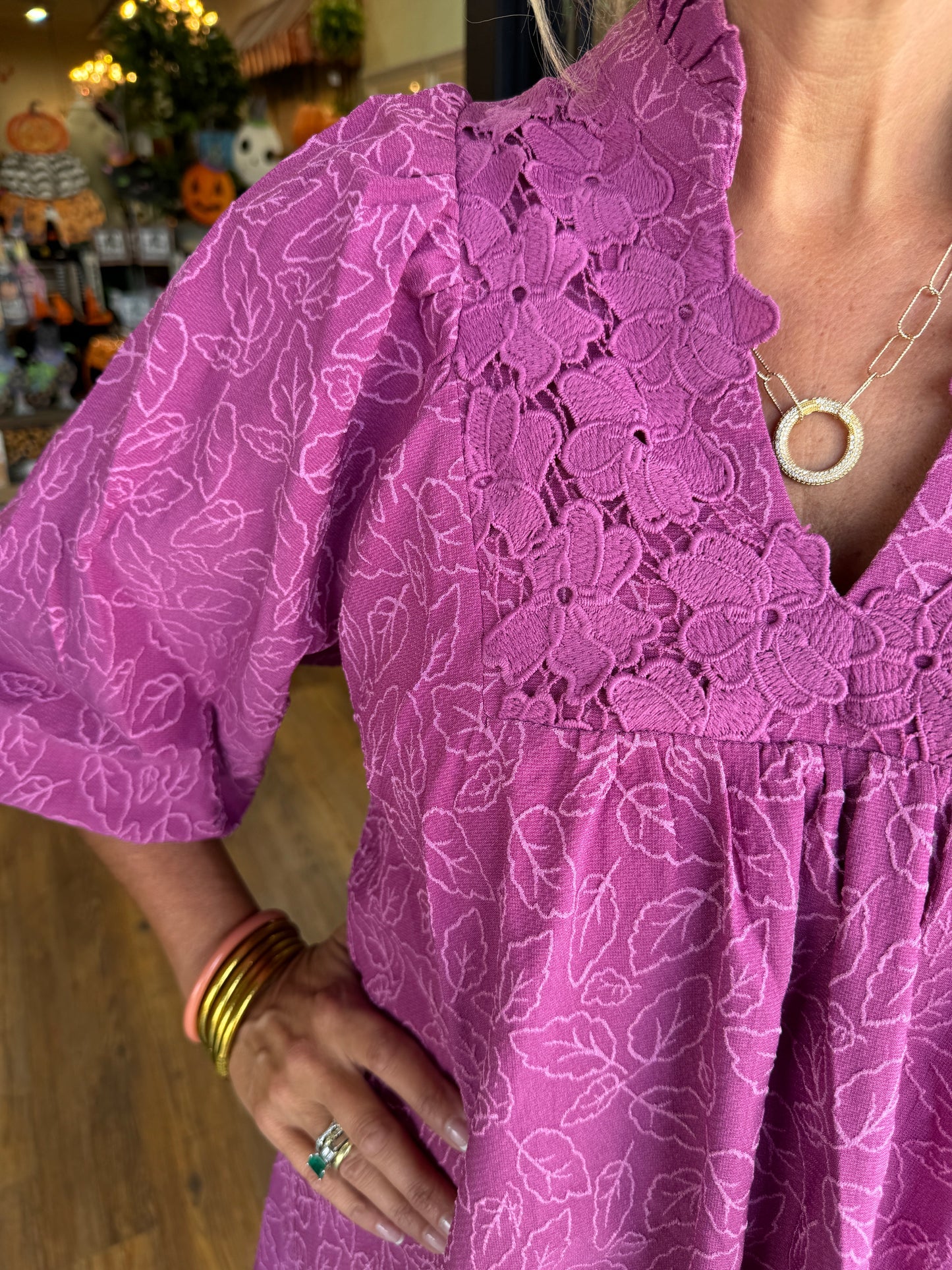 aldorian™-Women's Puff Sleeve Leaf Jacquard Mini Dress (Buy 2 Free Shipping)
