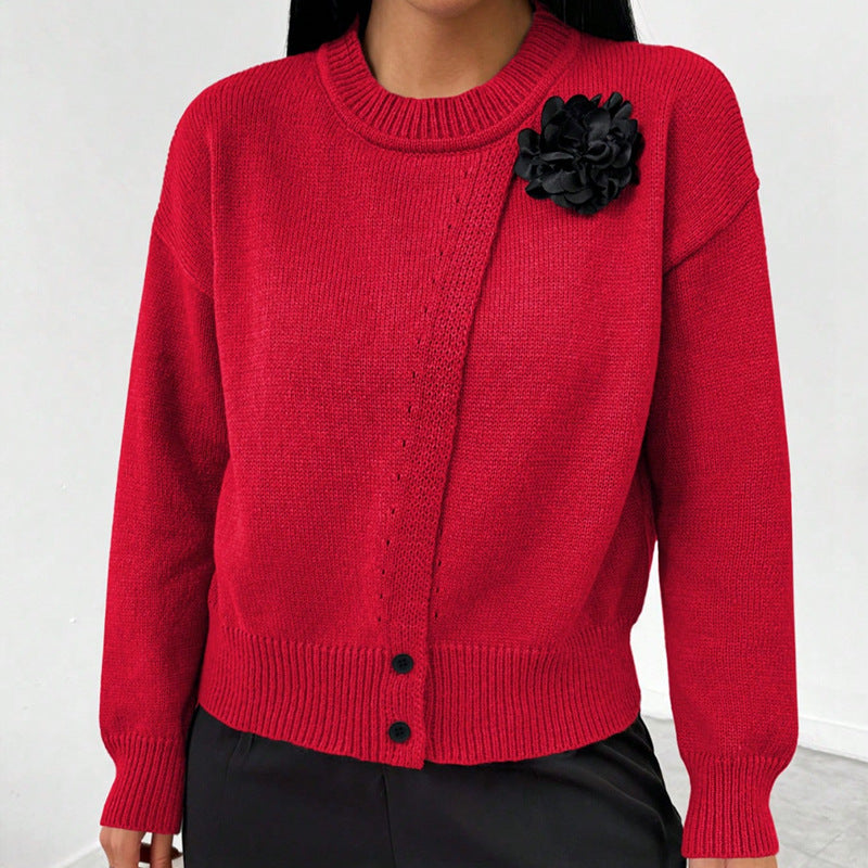 Women's Elegant Button-Down Wrap Sweater with Flower Accent