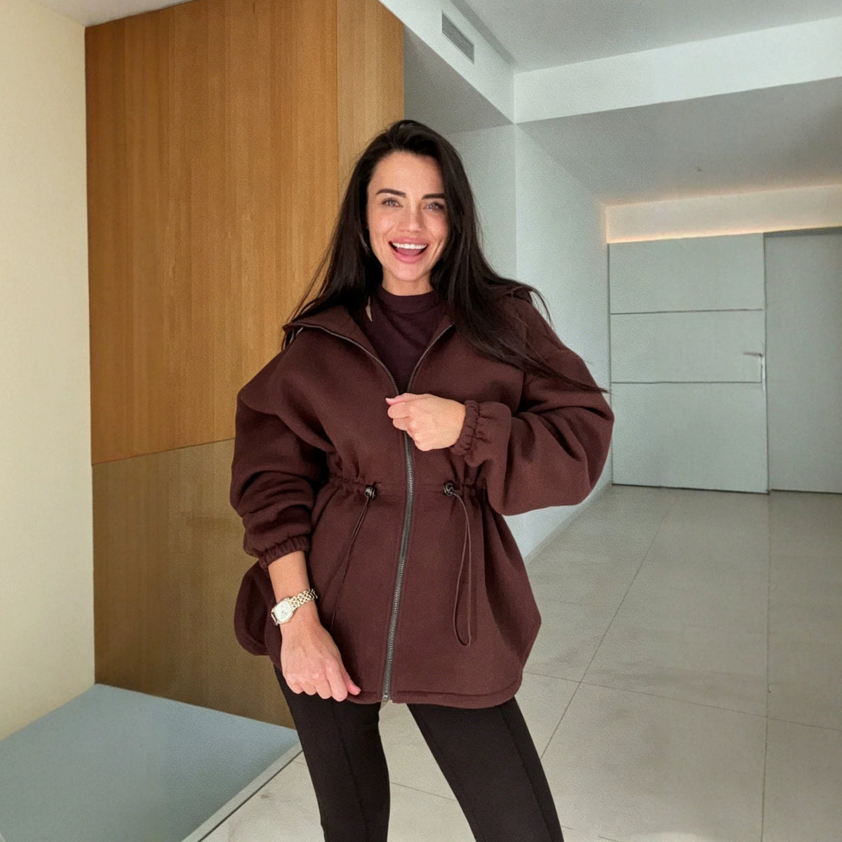 High Collar Long Sleeve Waist Drawstring Sweatshirt