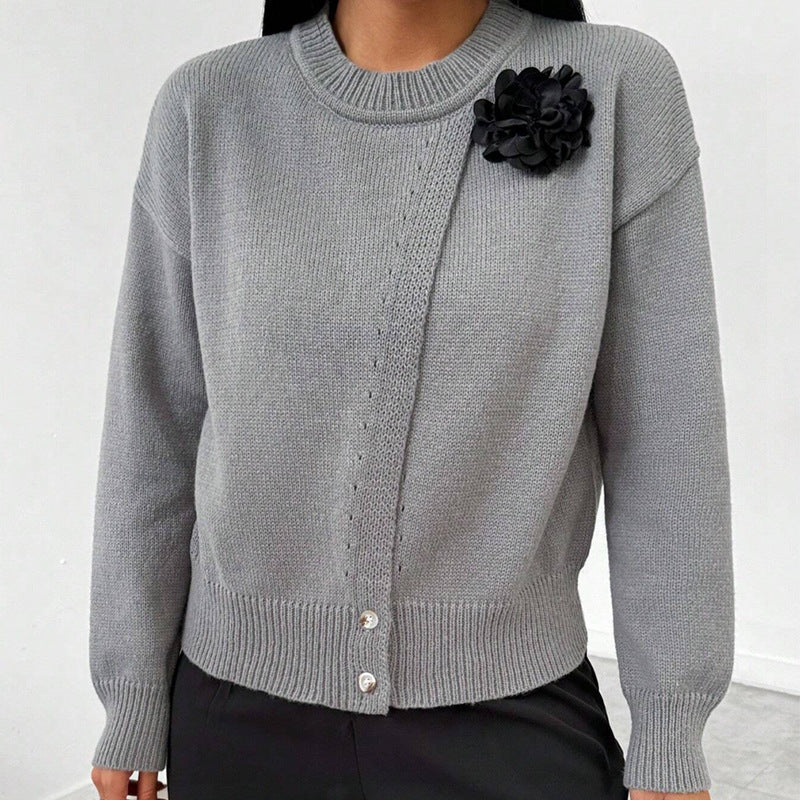 Women's Elegant Button-Down Wrap Sweater with Flower Accent