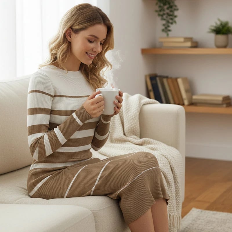 Women's Long-Sleeve Striped Bodycon Knit Dress