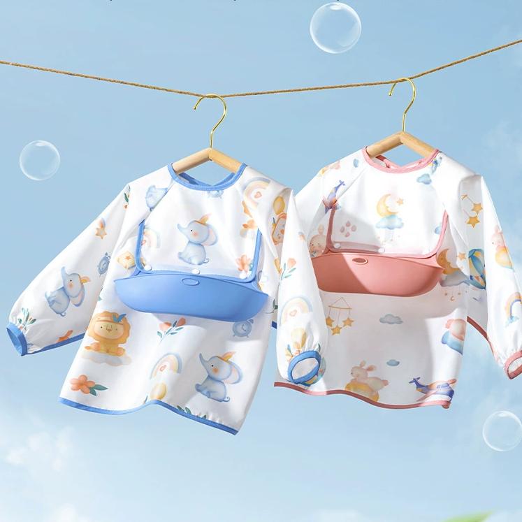 👶Baby Long Sleeve Bib with Silicone Catch Pocket