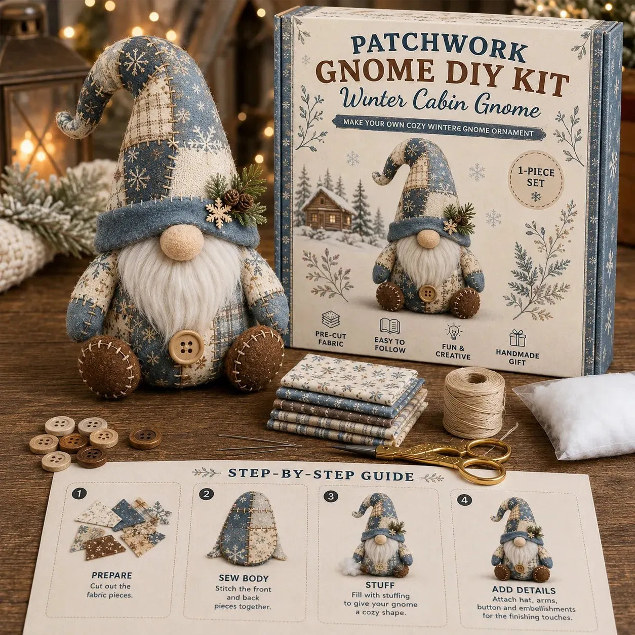 🧵🥇Patchwork-Style Gnome DIY Kit – Create Your Own Adorable Animals