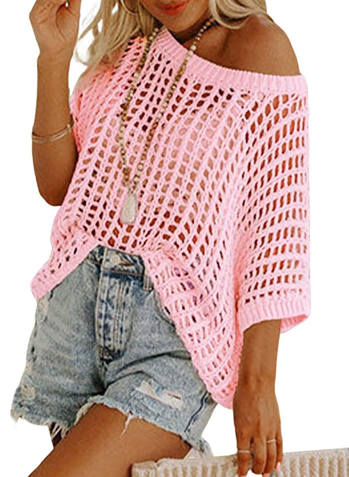 aldorian™-🎁 Womens Summer Scoop Neck Short Sleeve Sweater Casual Crochet Hollow Out Knit Tops Pullover Shirts Beach Coverup