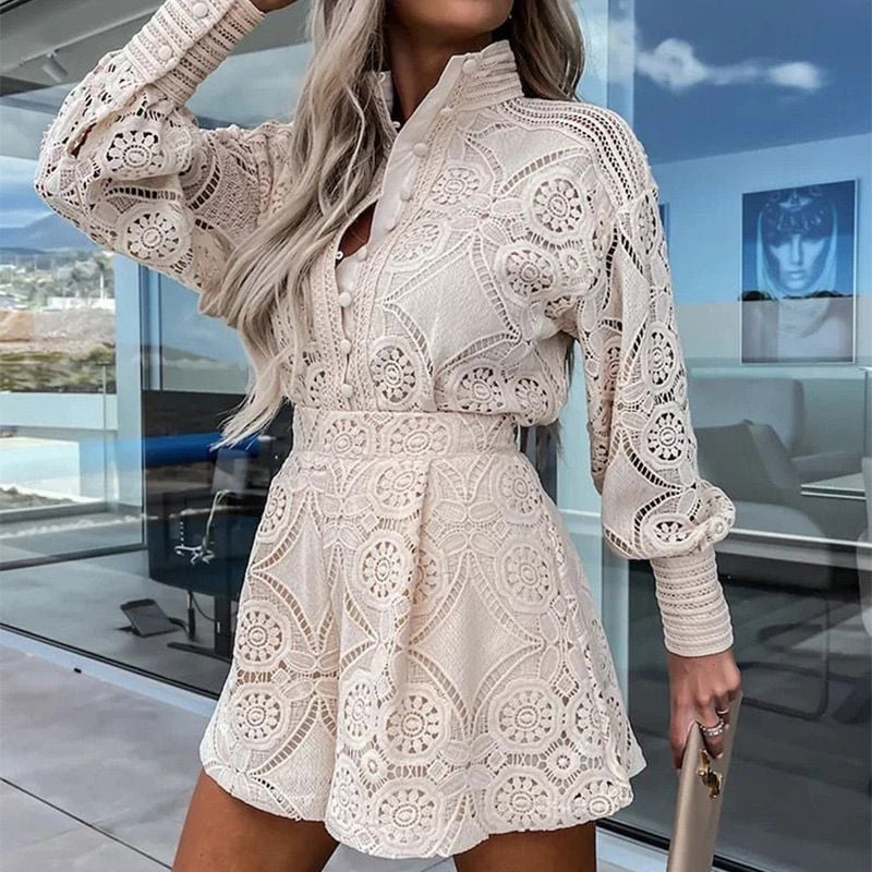 aldorian™-Women's Casual Elegant Lace 2-Piece Set with Button Down Shirt and Shorts