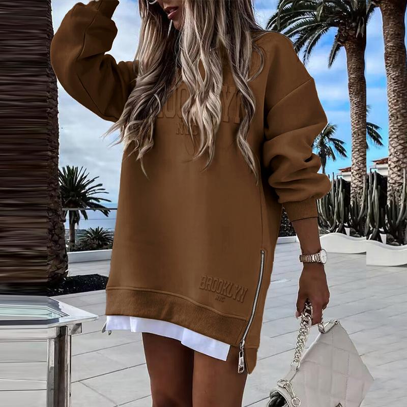 🎁 2025 Womens Long Sleeve Pullover Sweatshirt Zipper Slit Casual Dress Drop Shoulder Oversized Outfits
