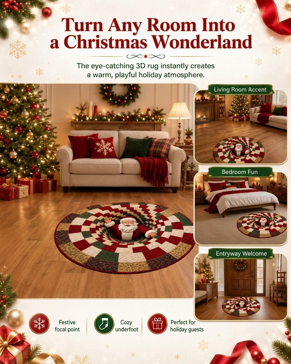 🎄3D Christmas Gnome Optical Illusion Round Rug | Fun Festive Home Decor Must‐Have⭐🏠🎁