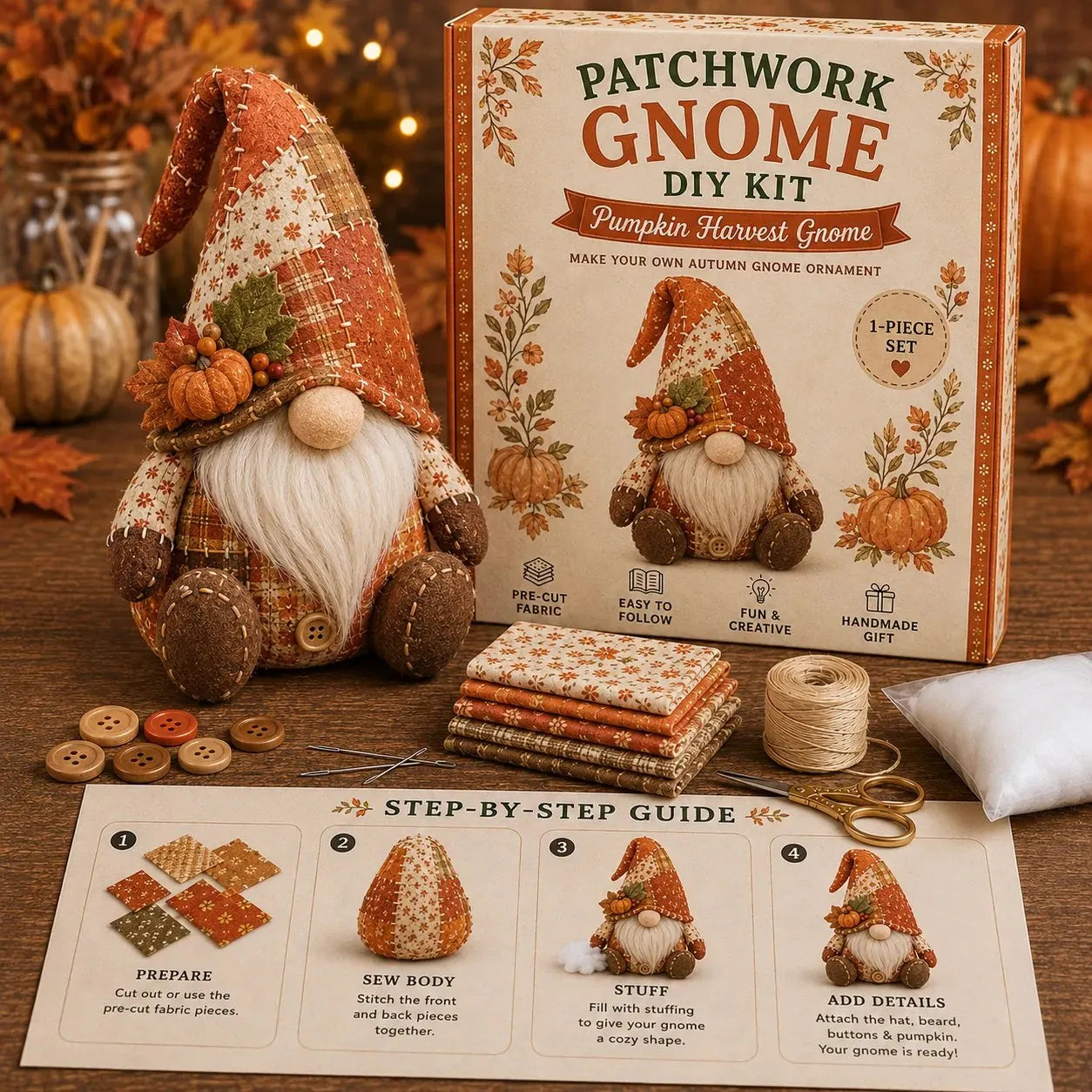 🧵🥇Patchwork-Style Gnome DIY Kit – Create Your Own Adorable Animals