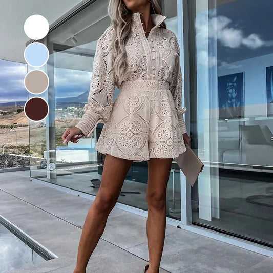 aldorian™-Women's Casual Elegant Lace 2-Piece Set with Button Down Shirt and Shorts