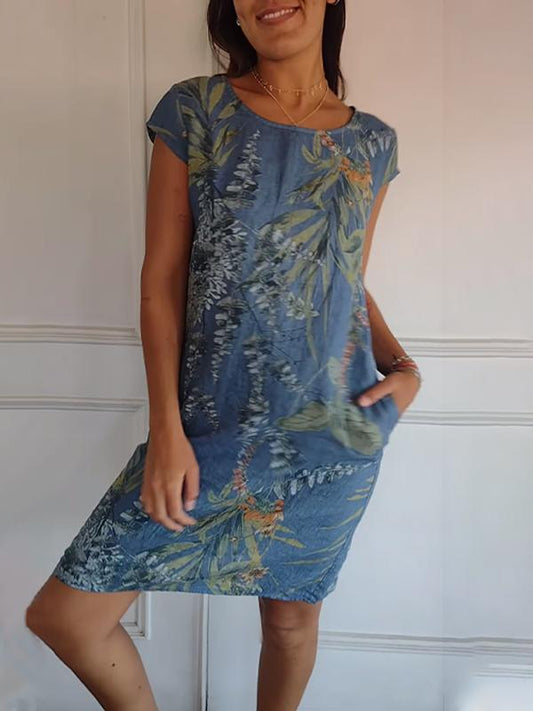 aldorian™-Women's Cotton & Linen Round Neck Printed Dress