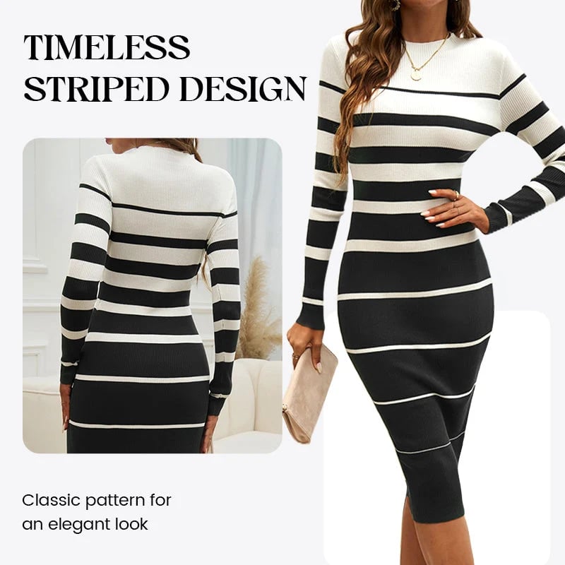 Women's Long-Sleeve Striped Bodycon Knit Dress