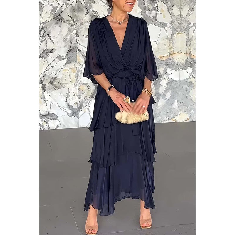 aldorian™-💐 Elegant layered dress with V-neckline, wrap around waist and tie