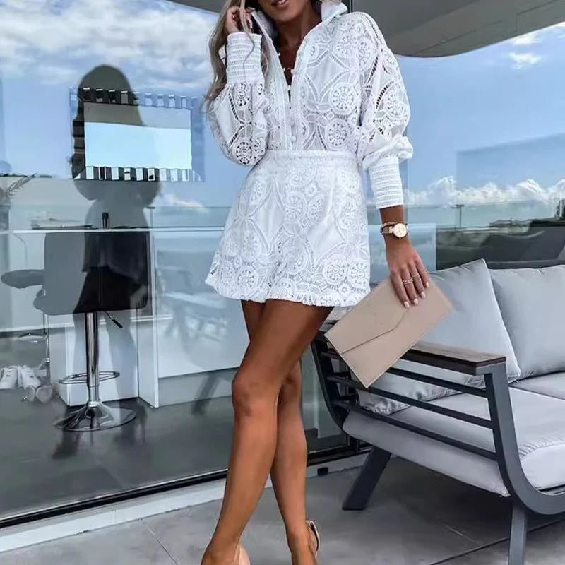 aldorian™-Women's Casual Elegant Lace 2-Piece Set with Button Down Shirt and Shorts