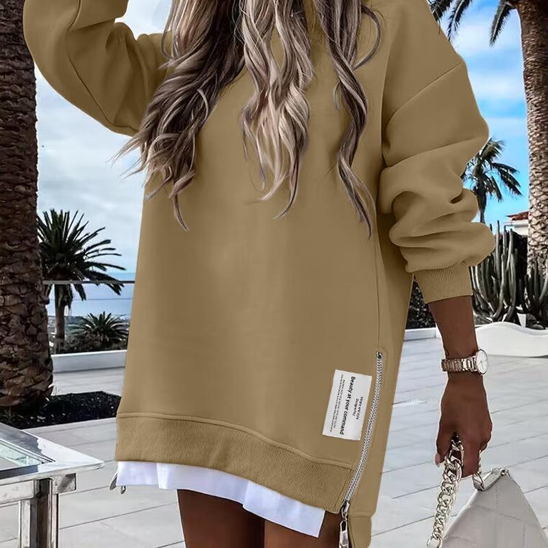 🎁 2025 Womens Long Sleeve Pullover Sweatshirt Zipper Slit Casual Dress Drop Shoulder Oversized Outfits