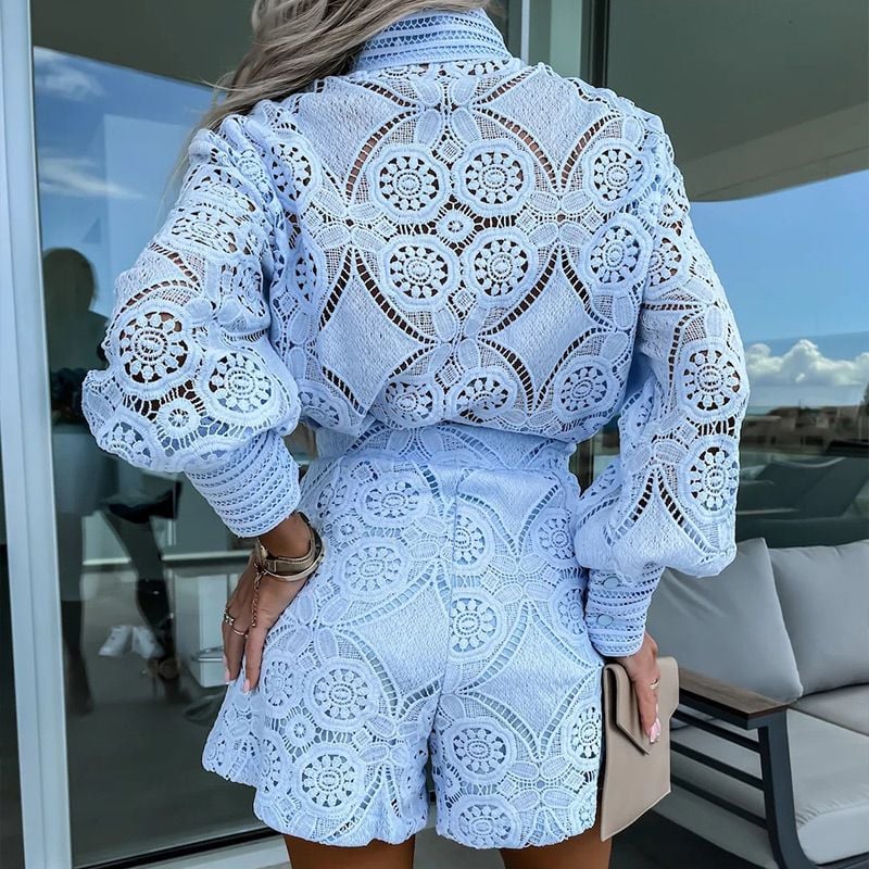 aldorian™-Women's Casual Elegant Lace 2-Piece Set with Button Down Shirt and Shorts