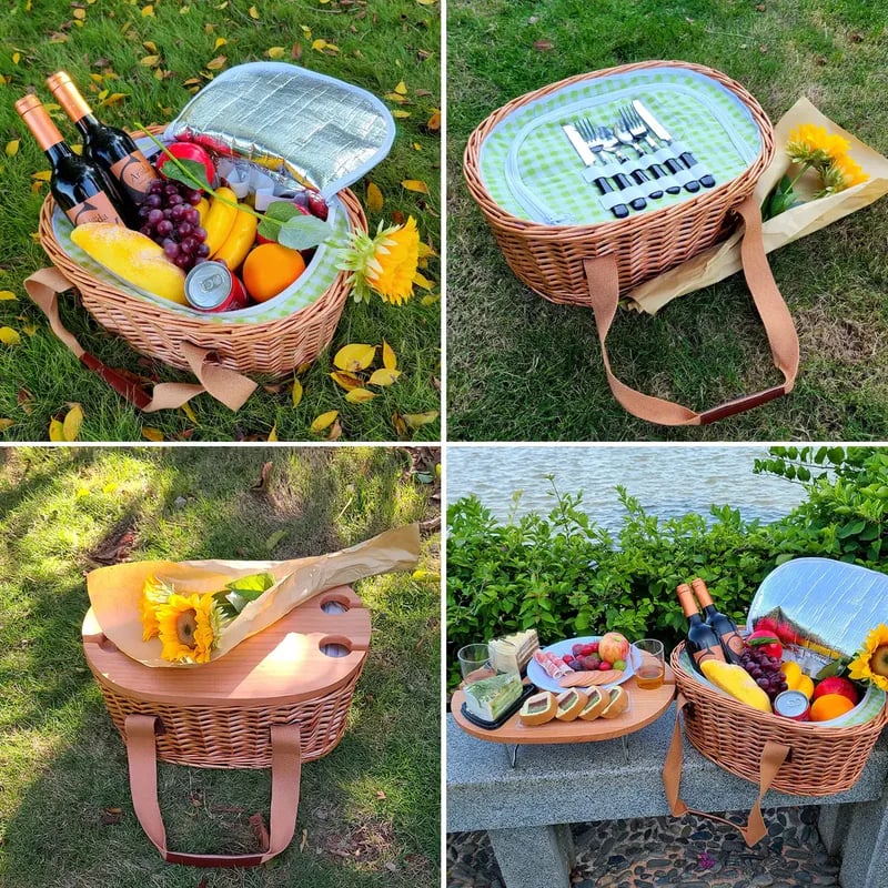 aldorian™-Hap tim insulated wicker picnic basket with foldable wine table and tableware service set, seats 4, perfect for couple gifts, wedding gifts, Valentine's Day gifts