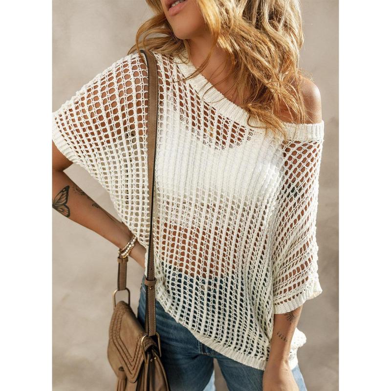 aldorian™-🎁 Womens Summer Scoop Neck Short Sleeve Sweater Casual Crochet Hollow Out Knit Tops Pullover Shirts Beach Coverup
