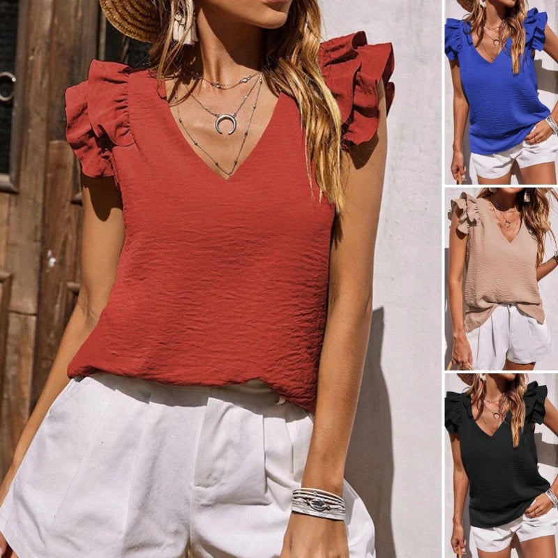 🌟V-Neck Ruffle Sleeveless Stretch Top