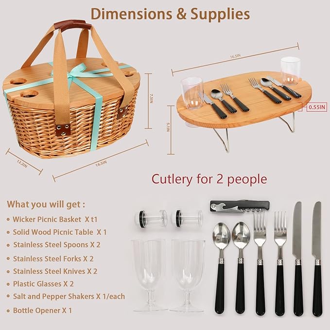 aldorian™-Hap tim insulated wicker picnic basket with foldable wine table and tableware service set, seats 4, perfect for couple gifts, wedding gifts, Valentine's Day gifts