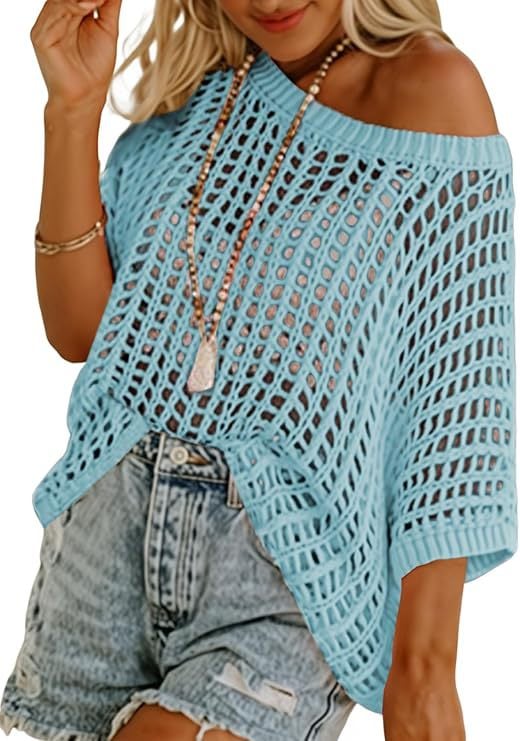 aldorian™-🎁 Womens Summer Scoop Neck Short Sleeve Sweater Casual Crochet Hollow Out Knit Tops Pullover Shirts Beach Coverup