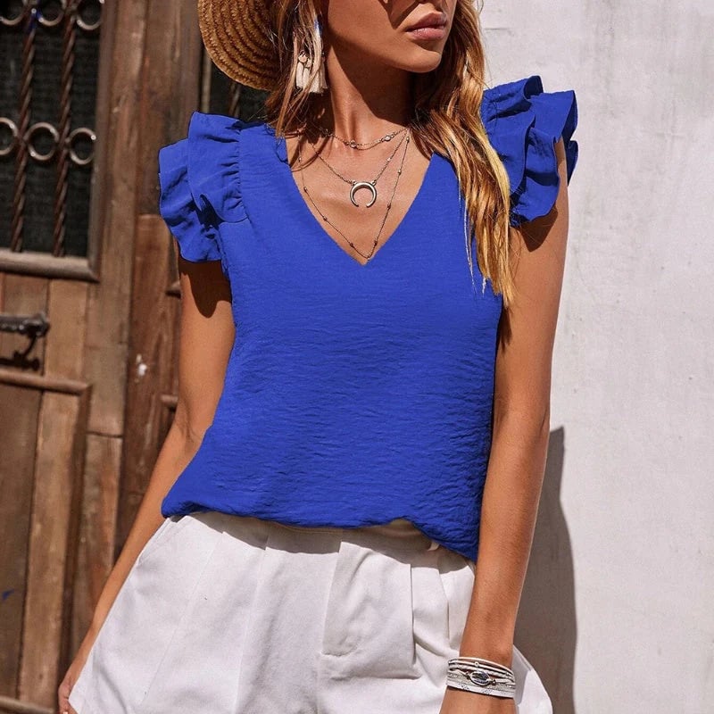 🌟V-Neck Ruffle Sleeveless Stretch Top