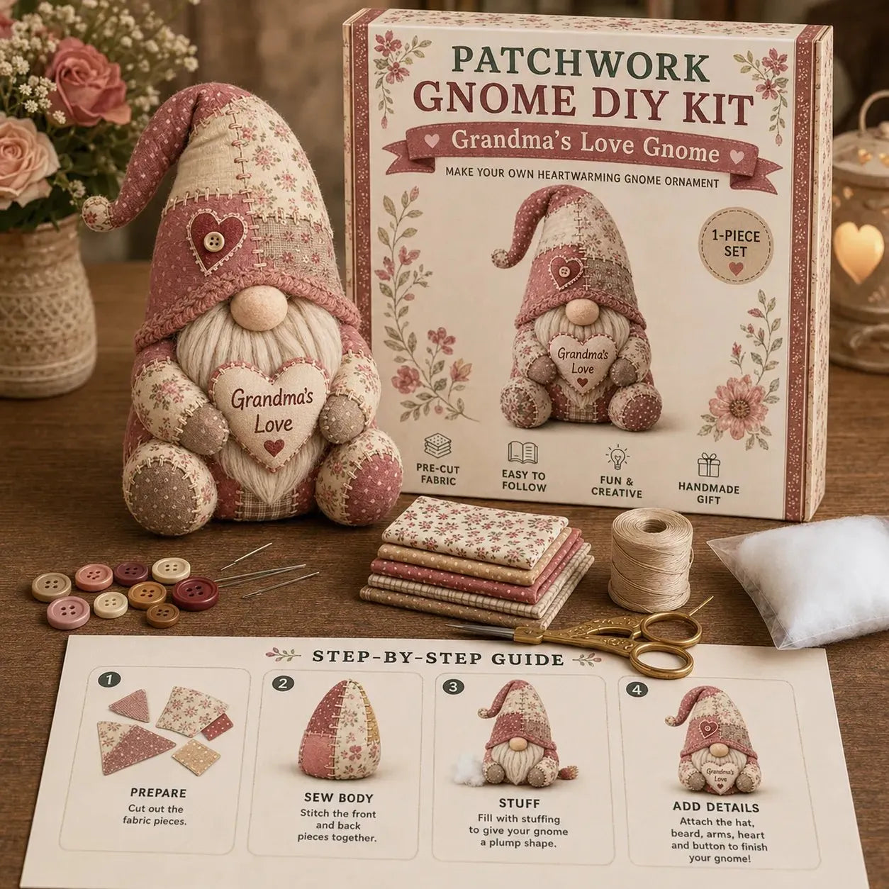 🧵🥇Patchwork-Style Gnome DIY Kit – Create Your Own Adorable Animals