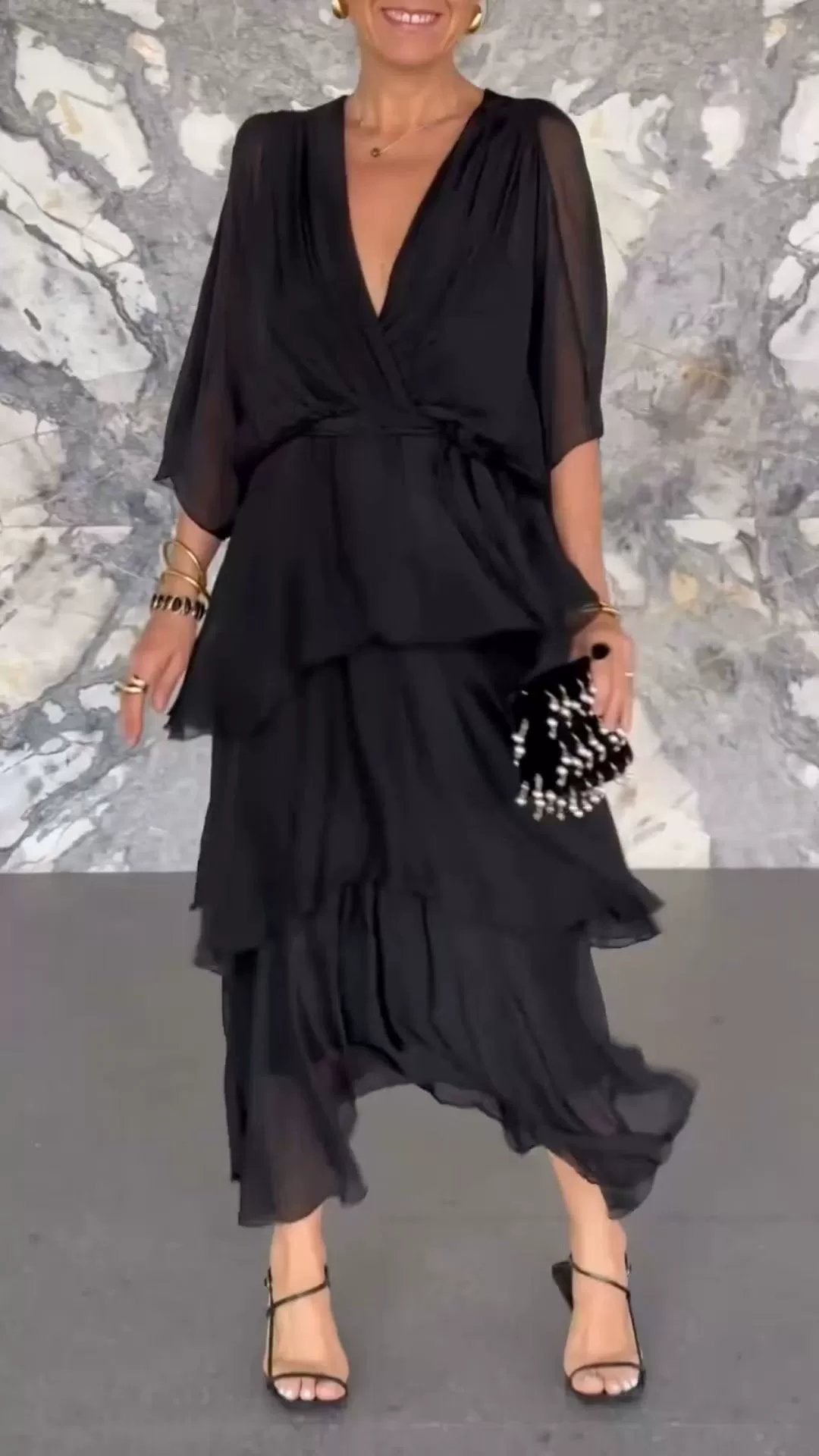 aldorian™-💐 Elegant layered dress with V-neckline, wrap around waist and tie