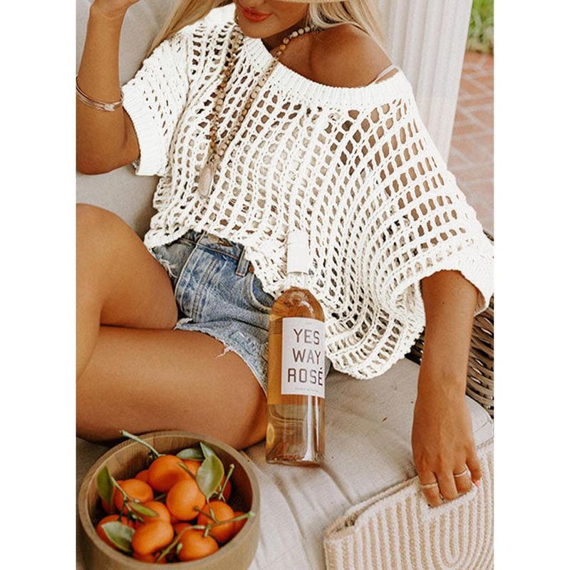 aldorian™-🎁 Womens Summer Scoop Neck Short Sleeve Sweater Casual Crochet Hollow Out Knit Tops Pullover Shirts Beach Coverup
