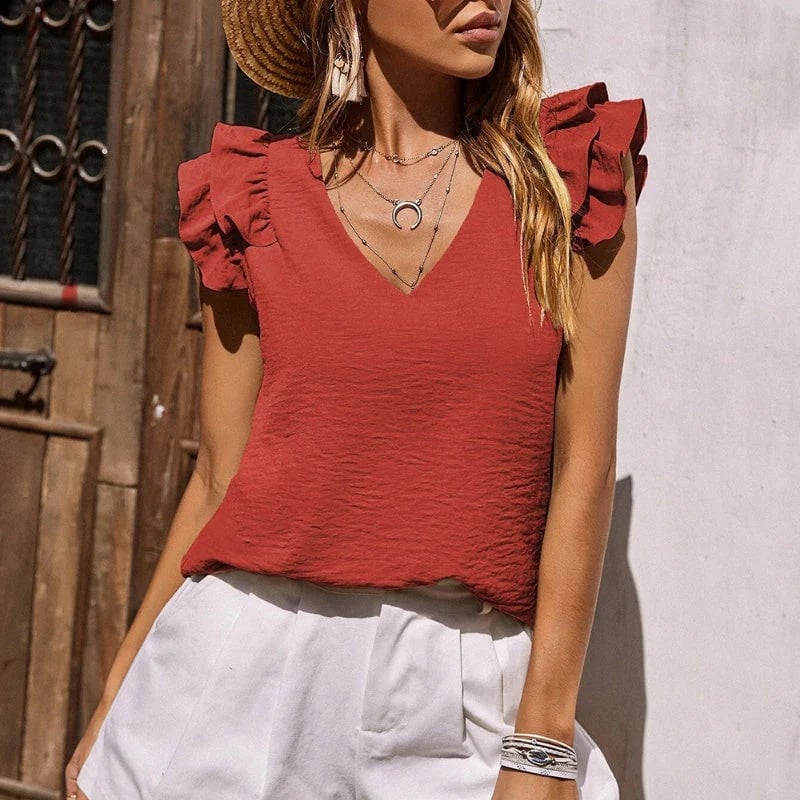 🌟V-Neck Ruffle Sleeveless Stretch Top