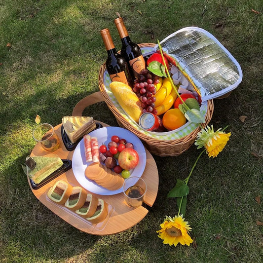 aldorian™-Hap tim insulated wicker picnic basket with foldable wine table and tableware service set, seats 4, perfect for couple gifts, wedding gifts, Valentine's Day gifts