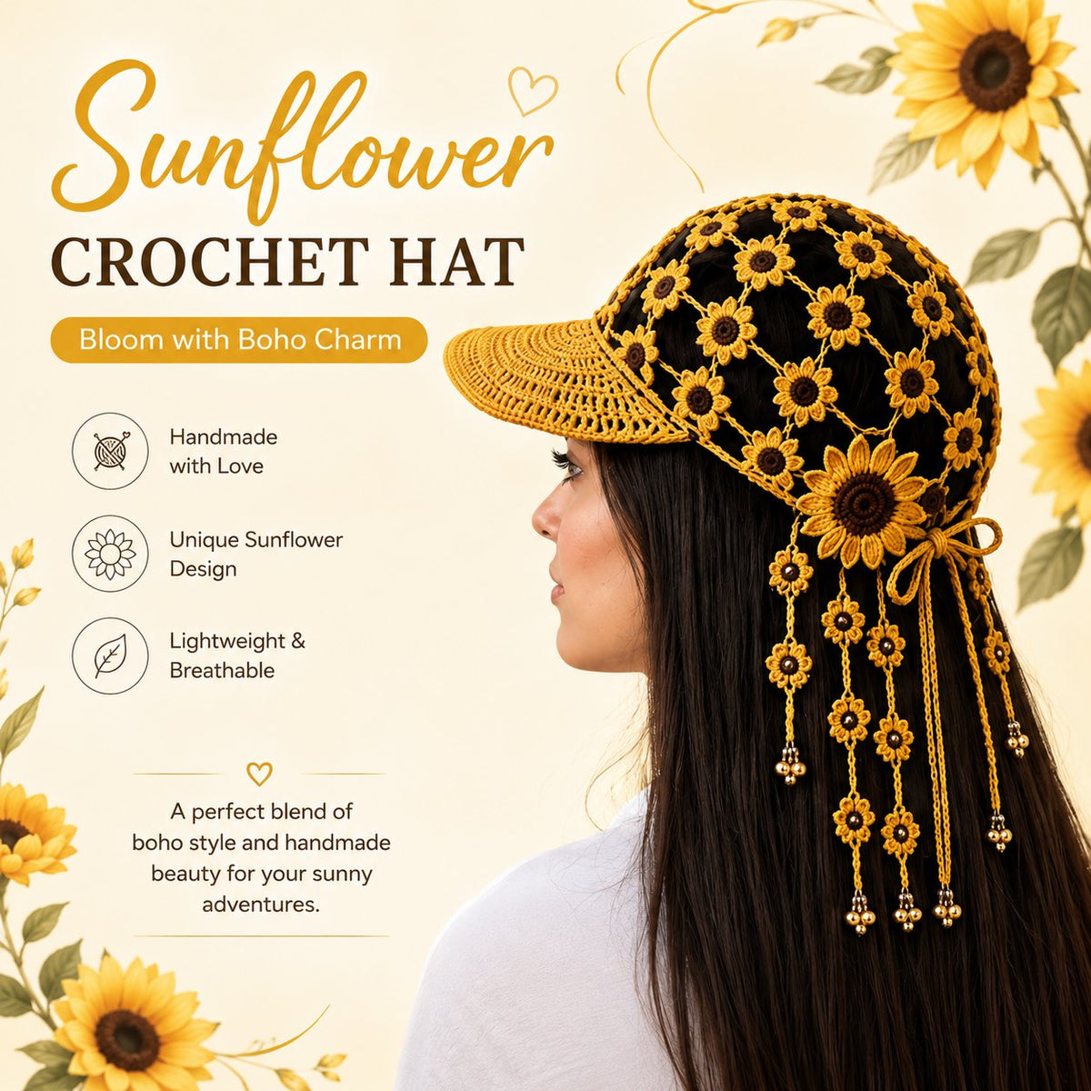 Handcrafted Floral Crochet Baseball Cap | Hollow-Out Knit Boho Hat with Hanging Tassels