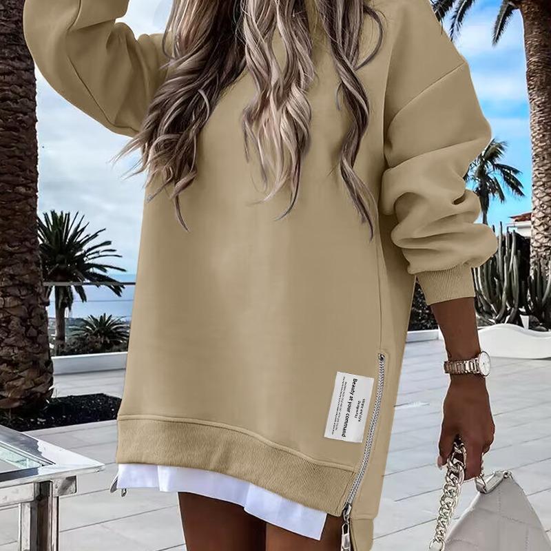 🎁 2025 Womens Long Sleeve Pullover Sweatshirt Zipper Slit Casual Dress Drop Shoulder Oversized Outfits
