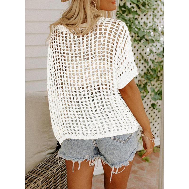 aldorian™-🎁 Womens Summer Scoop Neck Short Sleeve Sweater Casual Crochet Hollow Out Knit Tops Pullover Shirts Beach Coverup
