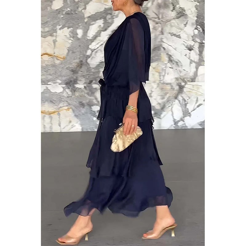 aldorian™-💐 Elegant layered dress with V-neckline, wrap around waist and tie