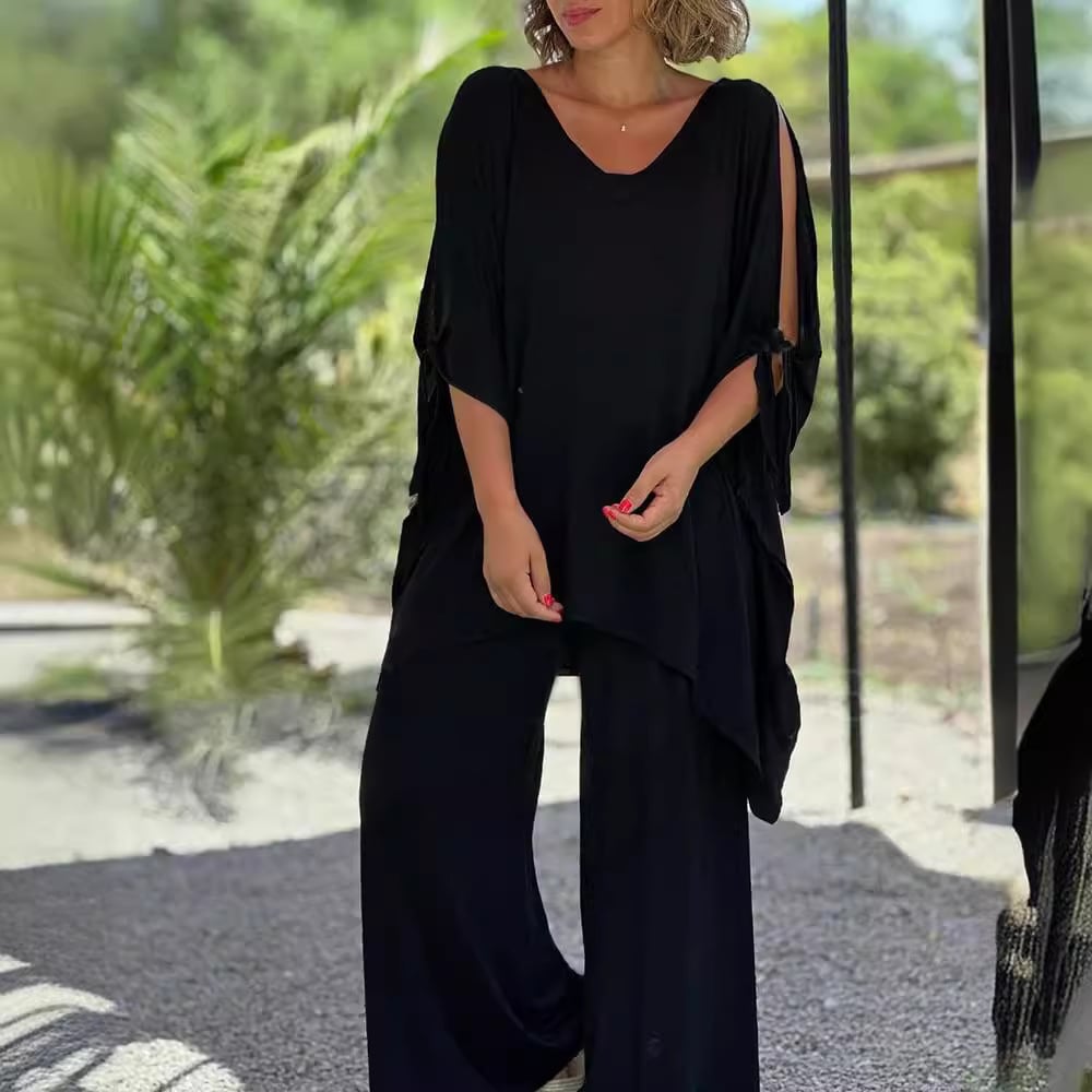 aldorian™-🎀💕Loose, casual, two-piece suit with a v-neck and wide legs