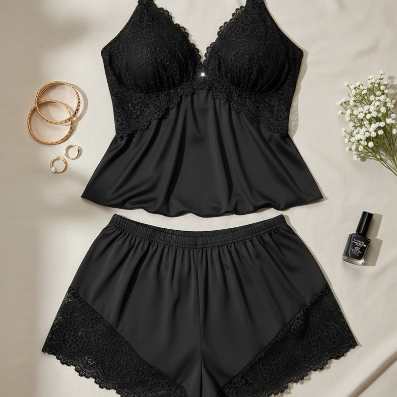 🥳2026 HOT SALE🥳💞50K+ SOLD!👗🌸 50% OFF! Lace Trim Camisole & Shorts Pajama Set – Soft satin-like fabric, adjustable straps & V-neck.