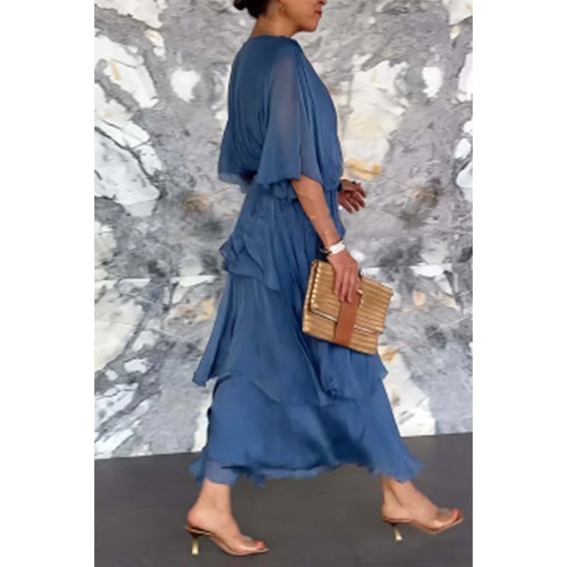 aldorian™-💐 Elegant layered dress with V-neckline, wrap around waist and tie