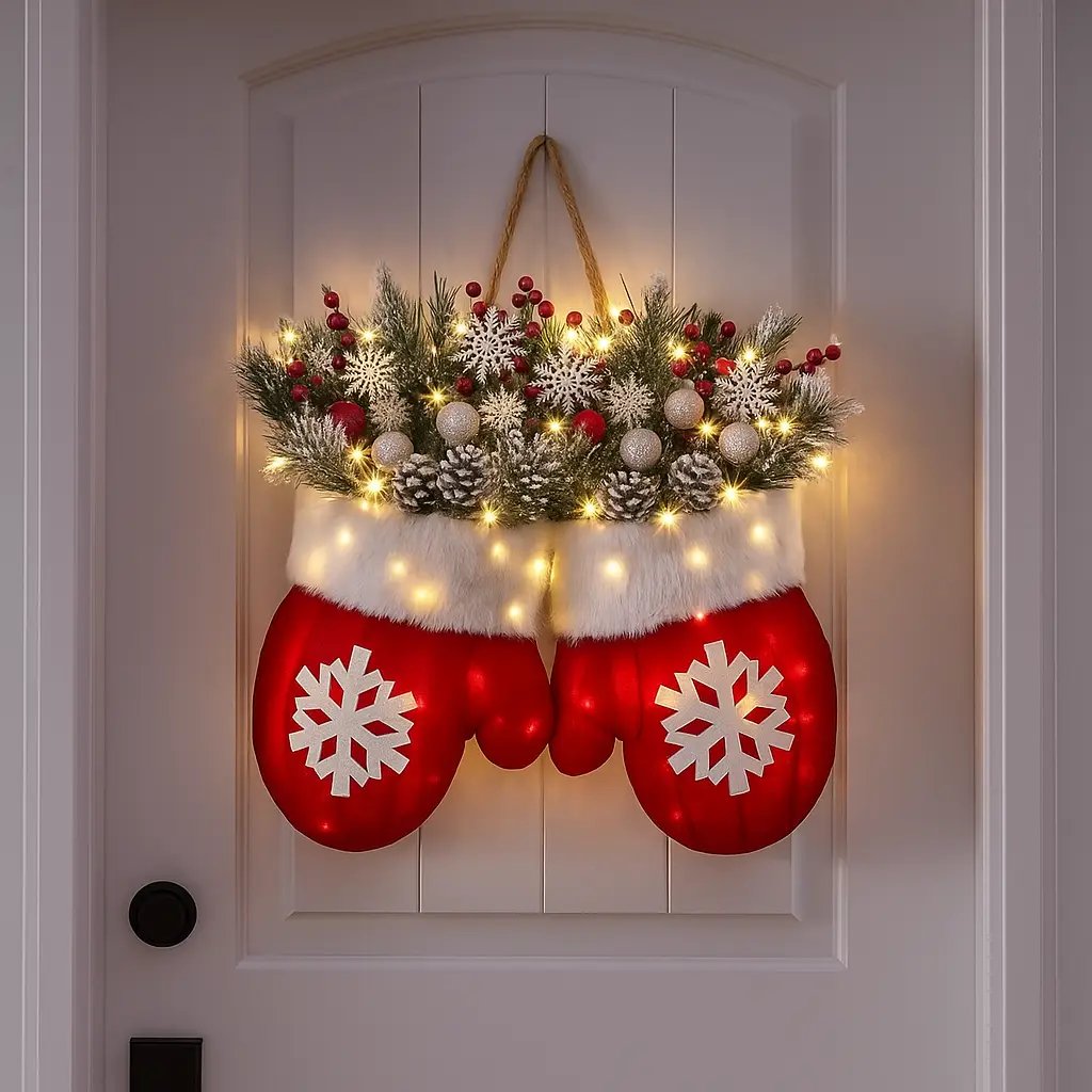 Twinkling Christmas Mitten Wreath with 120 LED Lights & 10H Auto Timer